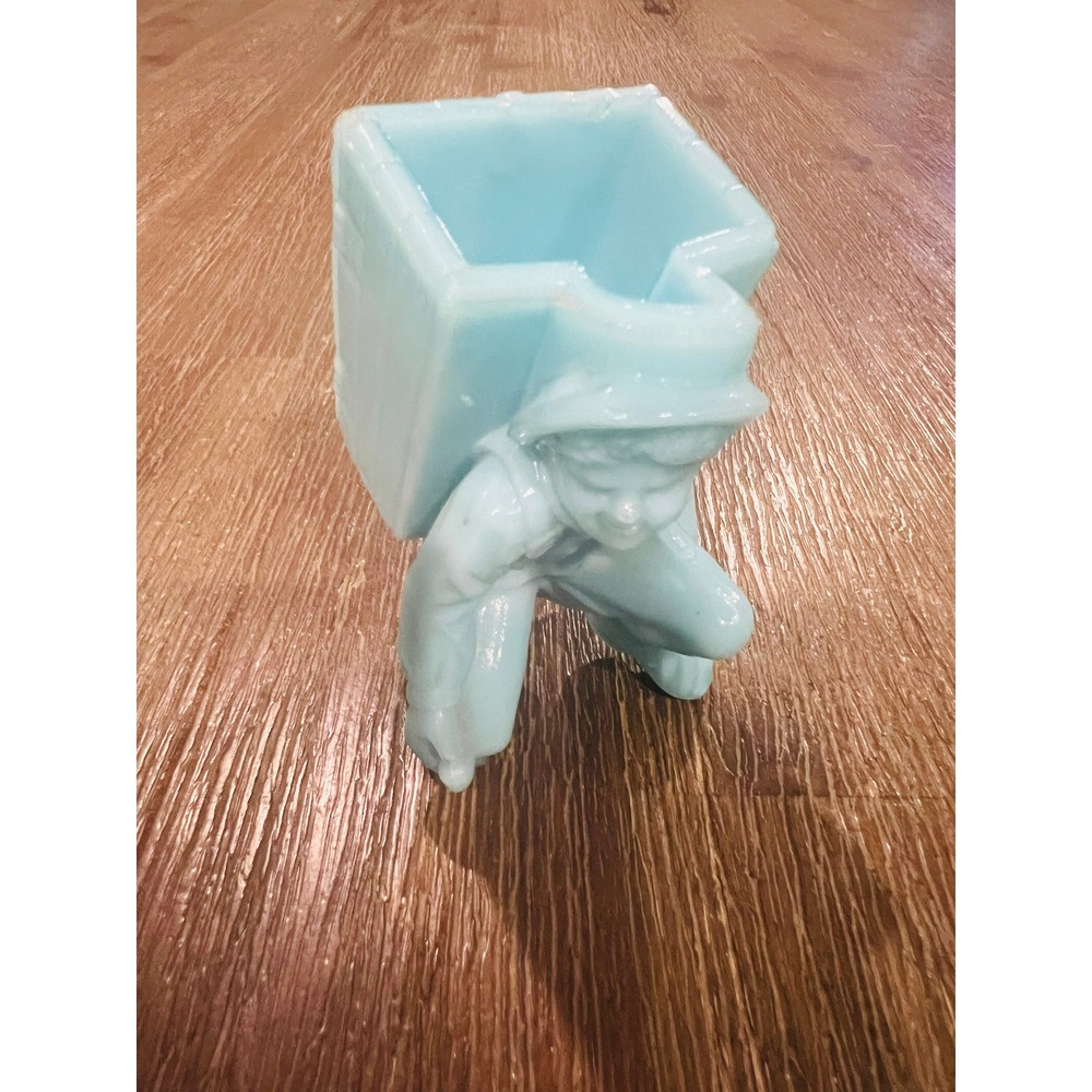 Vintage Blue Milk Glass Boy with Basket Toothpick Holder Planter Figurine